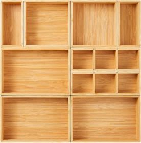 Drawer Organizer, Set of 9 Bamboo Wood Kitchen Makeup Desk Junk Tea Drawer Storage Boxes Bins for Cutlery Silverware Utensils Flatware